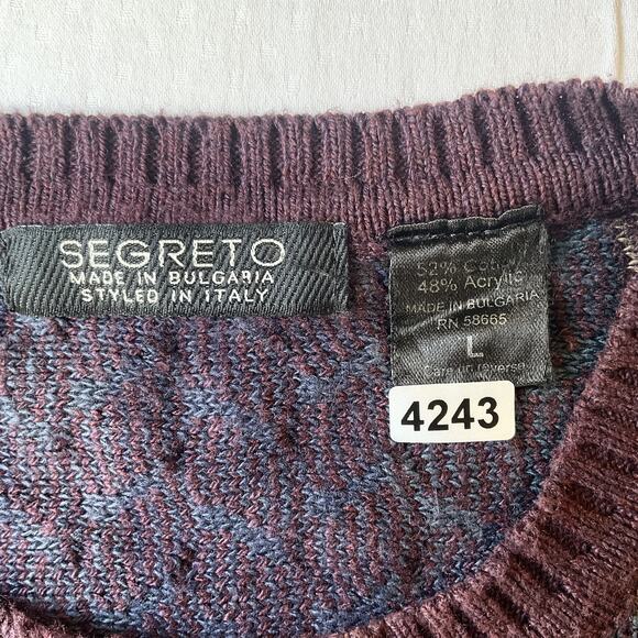 Segreto Men Sweatshirt size L Burgundy Geometric Long Sleeve Pullover - Picture 2 of 10